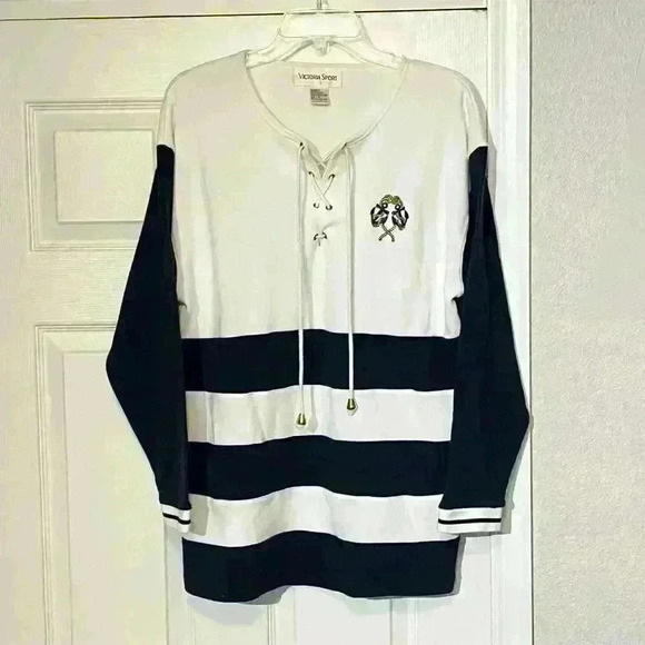 VICTORIA SPORT Vintage Sweater Top Sweatshirt Drawstring Striped Crest Classic - Picture 4 of 13